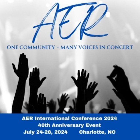 AER International Conference 2024 Logo. Description: AER, One Community – Many Voices in Concert. The background includes an image of a festival concert and the foreground includes people throwing their arms in the air in celebration. Bottom includes the words: AER International Conference, 40th Anniversary Event, July 24-28, 2024, Charlotte, NC.
