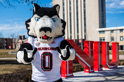 Husky mascot in a jersey poses in front of large red “NIU” letters on a college campus.