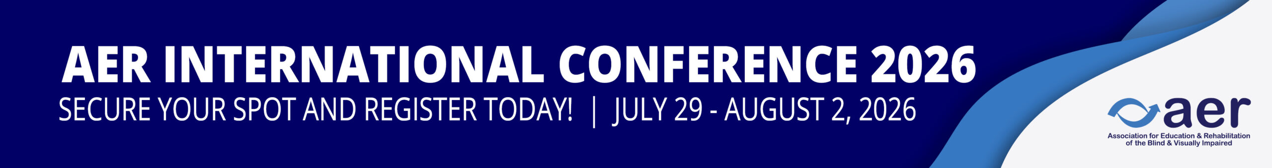 AER International Conference 2026 Registration with dates of July 29 - August 2, 2026, displayed on a blue banner with the AER logo.